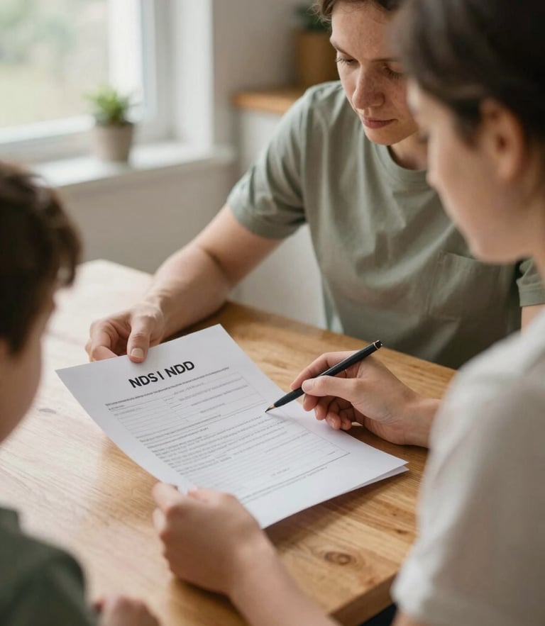 Warm, natural close-up of an NDIS support coordinator and a family member reviewing plan documents together at a wooden kitchen table, soft natural window light, shallow depth of field.