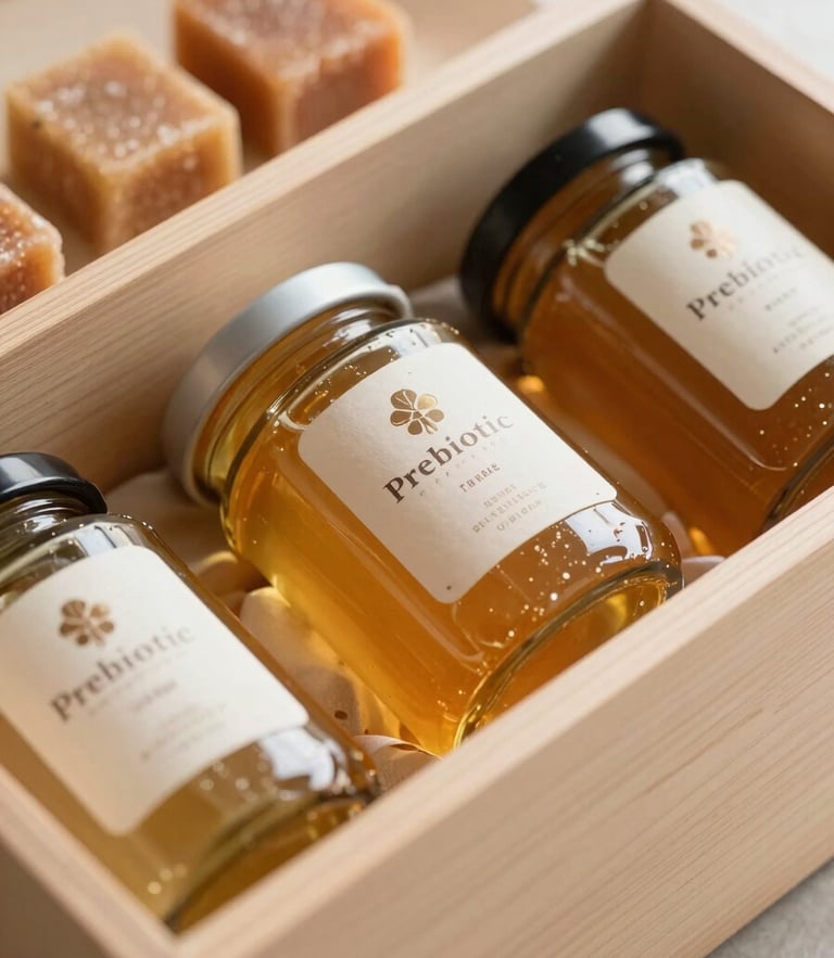 Elegant premium wooden corporate gift box filled with jars of golden prebiotic honey and organic jaggery blocks, soft morning light, macro texture, warm editorial photography, 35mm lens