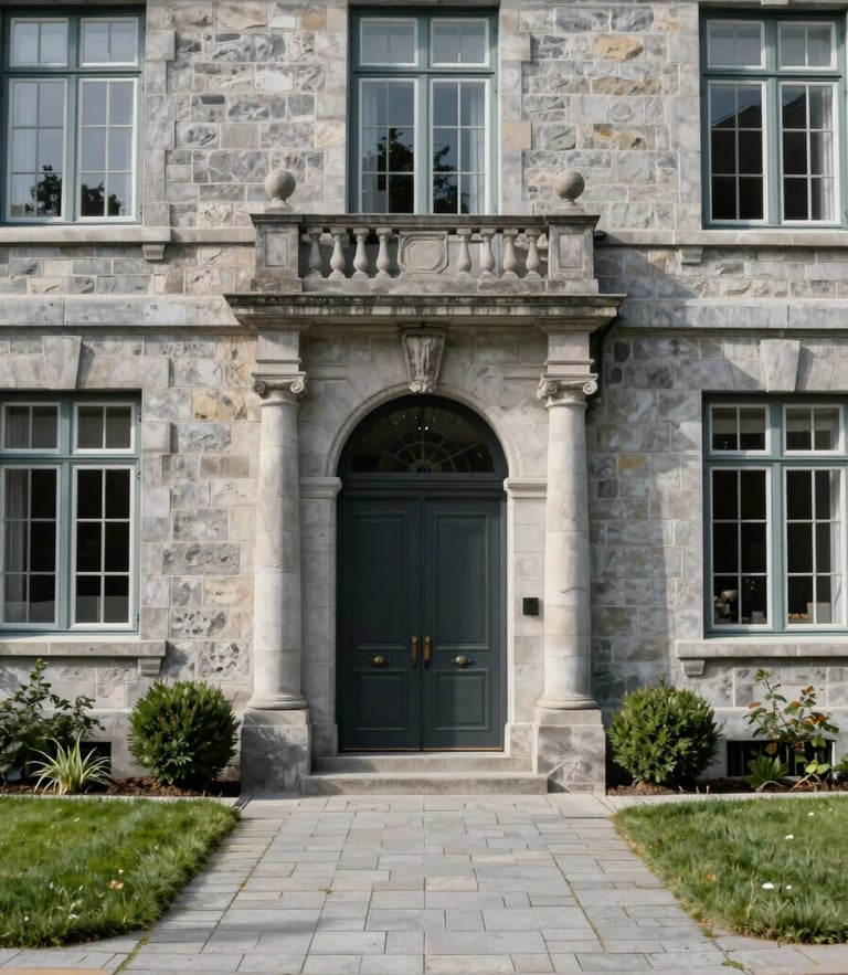 Photographie en lumière naturelle d'une entrée de résidence prestigieuse à Québec, pavé uni impeccable et pelouse parfaitement taillée, architecture de pierre locale.