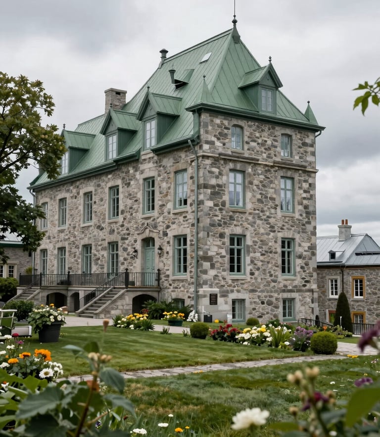 Grand angle d'une somptueuse propriété en pierre à Québec sous un ciel légèrement voilé, montrant un jardin impeccable et des fenêtres étincelantes.