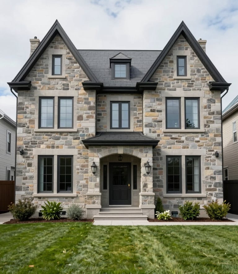 Symmetrical shot of a premium stone residence in Sillery, Québec City, under bright overcast daylight, featuring clean window reflections and a perfectly manicured front lawn.
