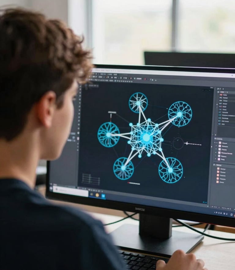 authentic editorial photography, natural daylight with subtle screen glow, over-the-shoulder shot of a teenager focused on a screen displaying a neural network architecture, cool high-contrast tones, 35mm
