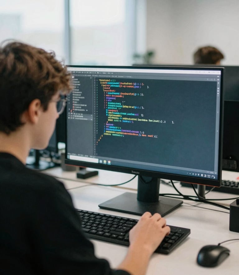Over-the-shoulder shot of a focused teenager writing code on a large monitor, cool screen glow highlighting their face, modern collaborative workspace, 35mm photography.