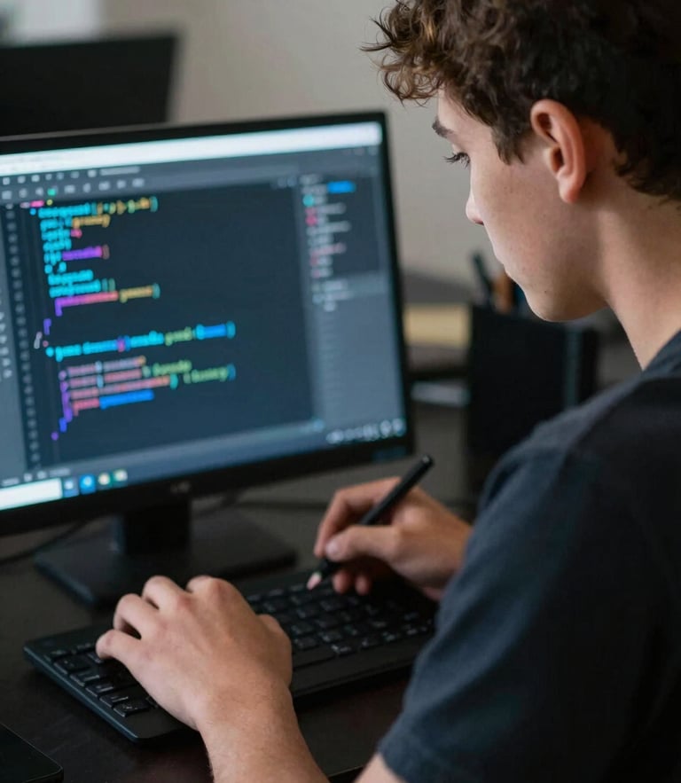 Over-the-shoulder shot of a focused teenager writing Python code in a dark, high-contrast room with neon blue screen glow, shallow depth of field, 35mm