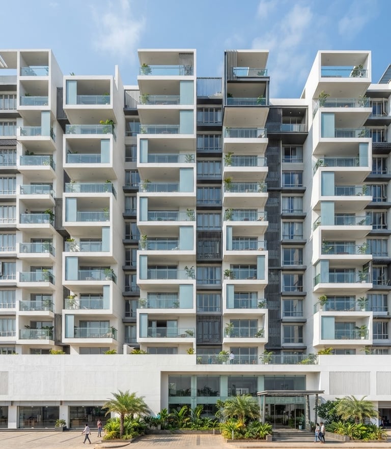 Bright architectural photography of a completed modern apartment building facade in Kakinada, crisp white plaster, clear coastal daylight, wide-angle lens