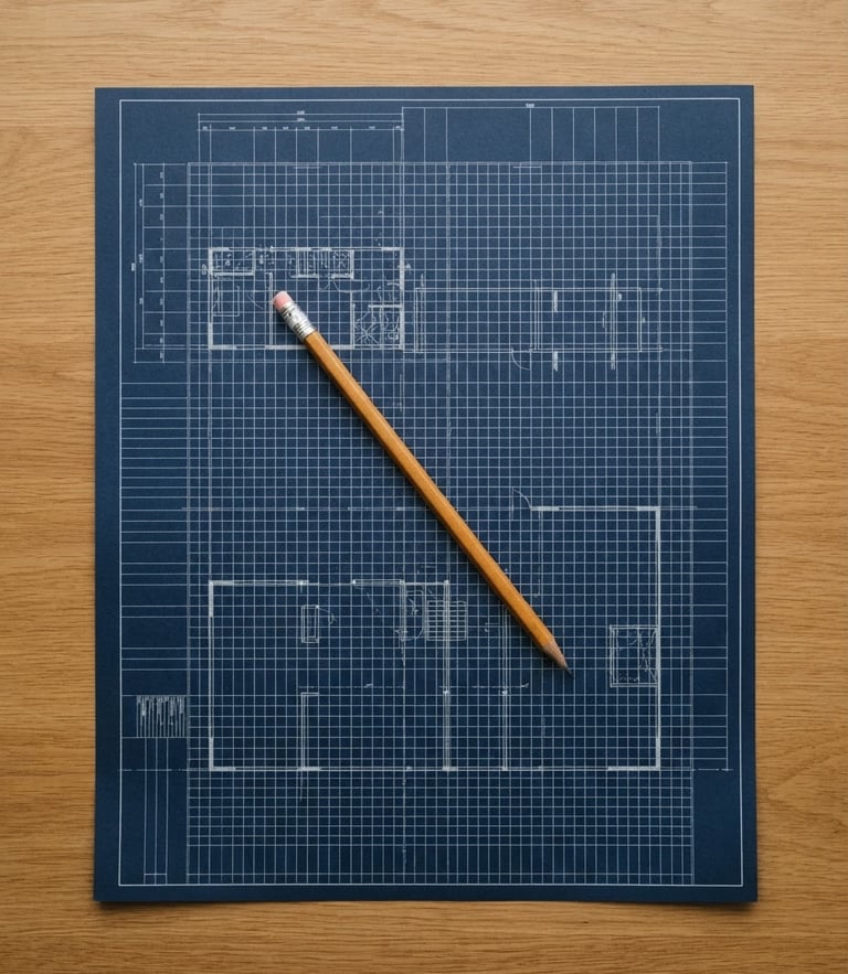 Overhead flat-lay of a clean wooden desk, a single sharp pencil resting on a blank architectural blueprint, soft natural north-facing daylight, minimalist editorial, 35mm