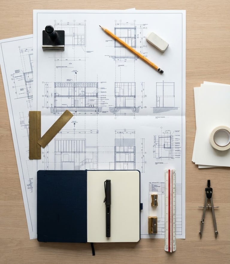 Overhead flat-lay of high-quality stationery, a yellow graphite pencil, and structured architectural blueprints on a clean white desk, bright north-facing daylight, sharp focus, 35mm