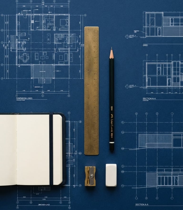 Overhead flat-lay of high-quality stationery, brass ruler, and a single sharp pencil on a clean blueprint, soft north-facing daylight, minimalist editorial photography