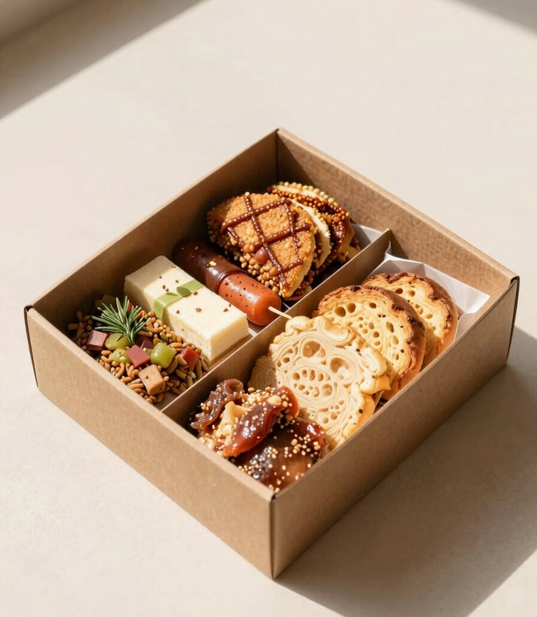 Clean overhead flatlay of a custom box lunch with gourmet snacks, neatly arranged in a minimalist cardboard box, warm natural daylight.