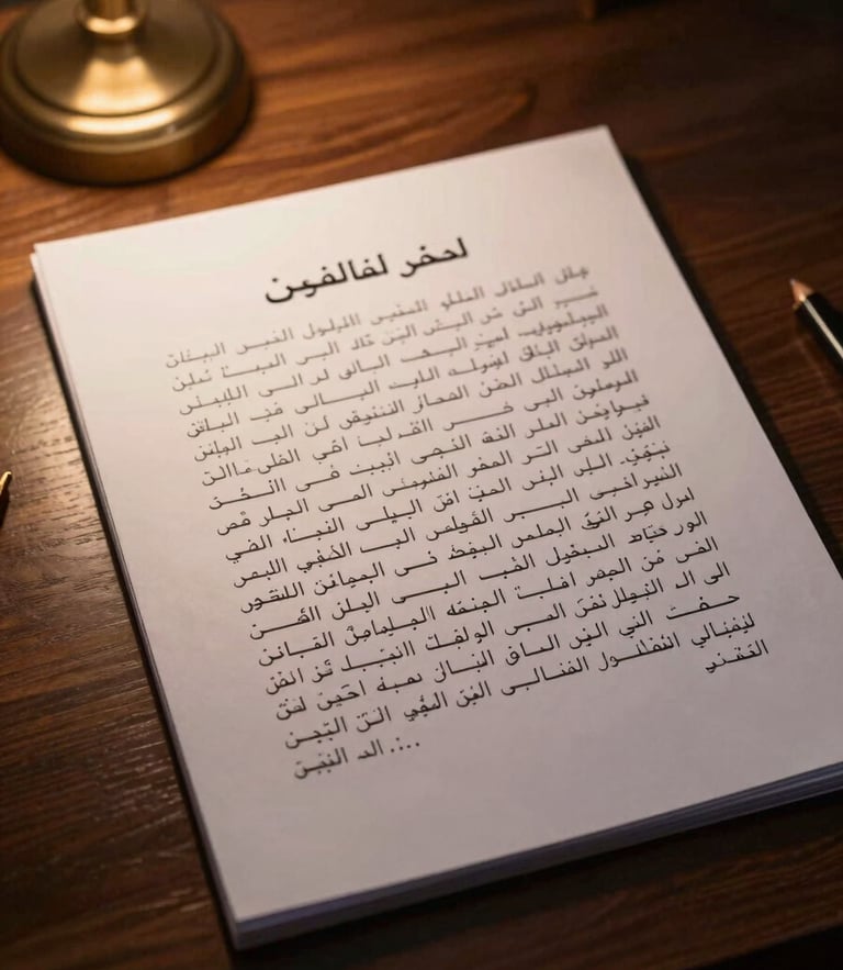 Dramatic close-up of a legal brief with highlighted Arabic text on a dark wooden desk, warm desk lamp casting long shadows, 35mm cinematic editorial style