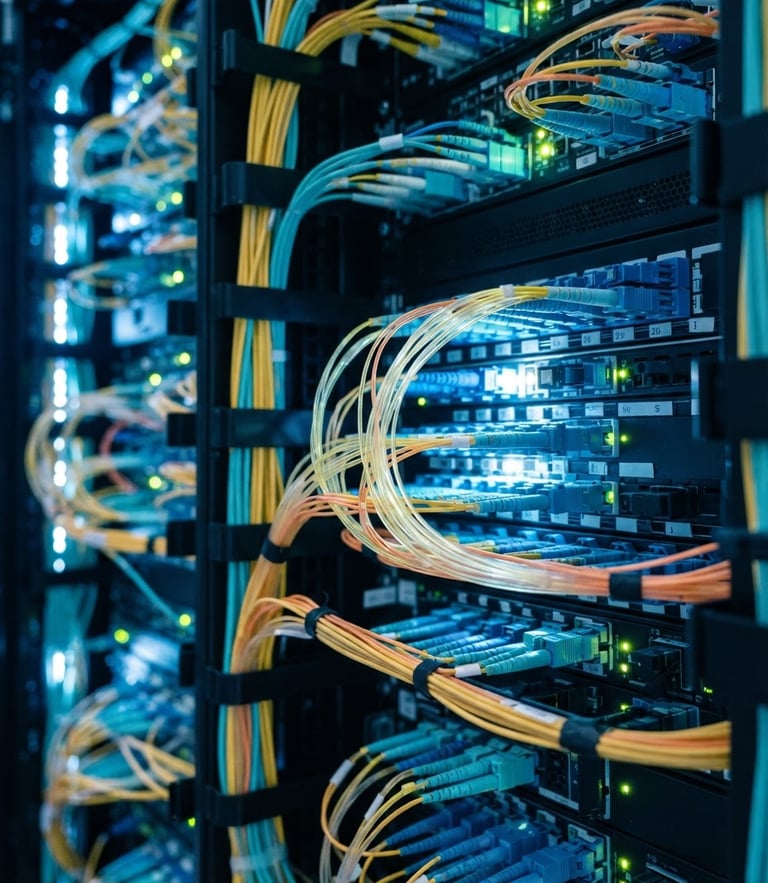 Cool-toned technical photography, sharp server room LED lighting, high contrast, macro details of fiber optics, 35mm lens