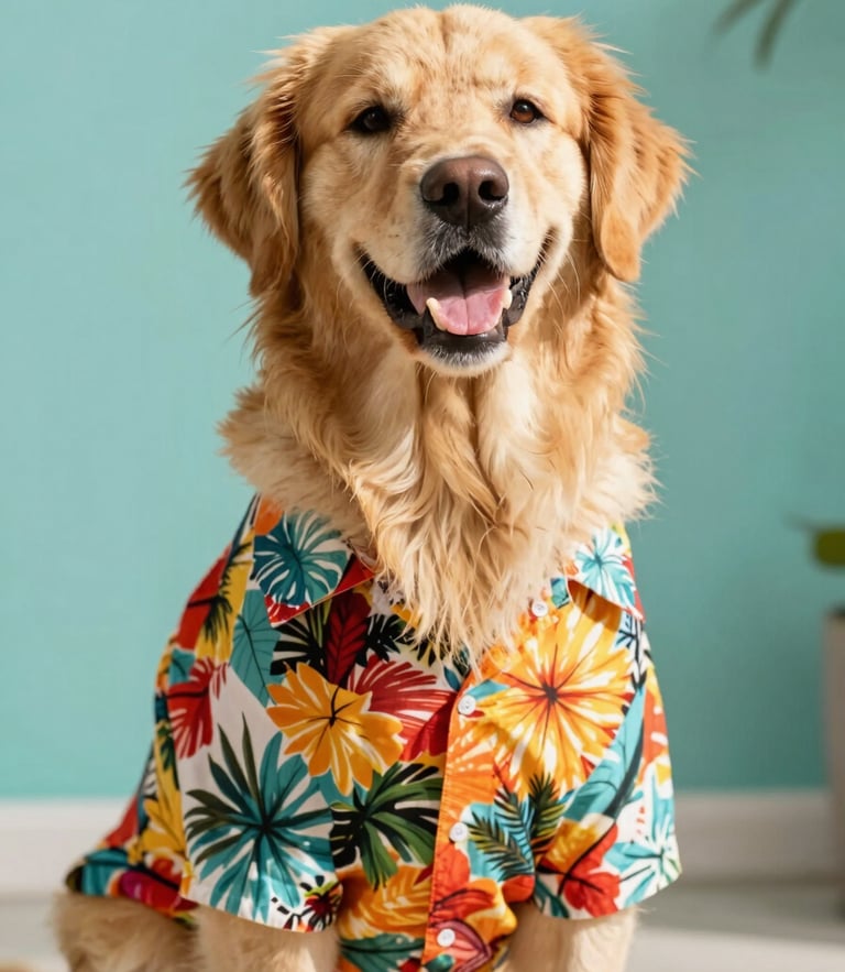 Bright editorial photo of a happy golden retriever wearing a colorful tropical Hawaiian shirt, sitting comfortably in warm natural daylight, soft teal background.