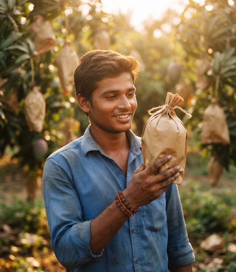 Medium close-up of a young Indian mango farmer holding a freshly bagged mango in an orchard, golden-hour sunlight filtering through leaves, 35mm photography