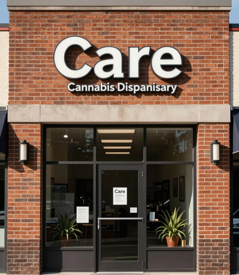 Straight-on architectural photograph of the clean brick storefront of Care Cannabis Dispensary at 63 O St NE under bright, natural daytime light, showing clear signage and an inviting, professional entrance.