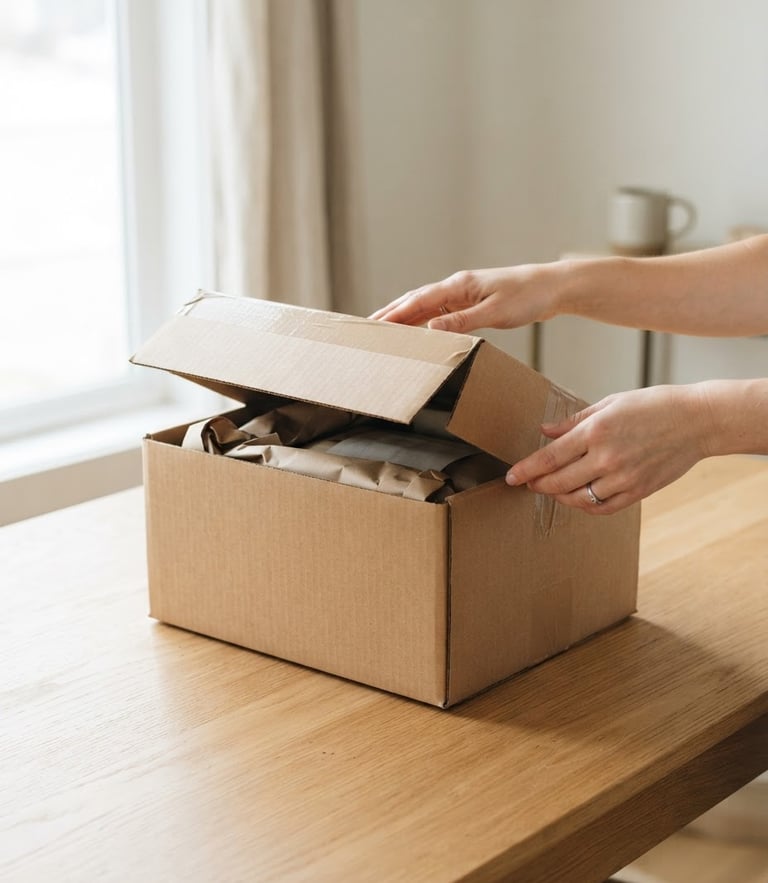 bright clean product photography of a cardboard delivery box being opened on a clean wooden table, soft natural daylight, minimalist neutral background, sharp focus, 35mm