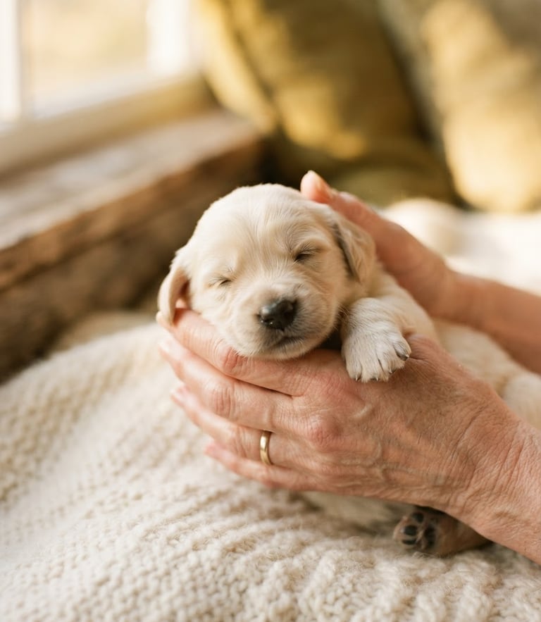 Close-up of gentle human hands holding a tiny newborn puppy, warm golden hour light through a window, soft cream blanket background, shallow depth of field, 35mm
