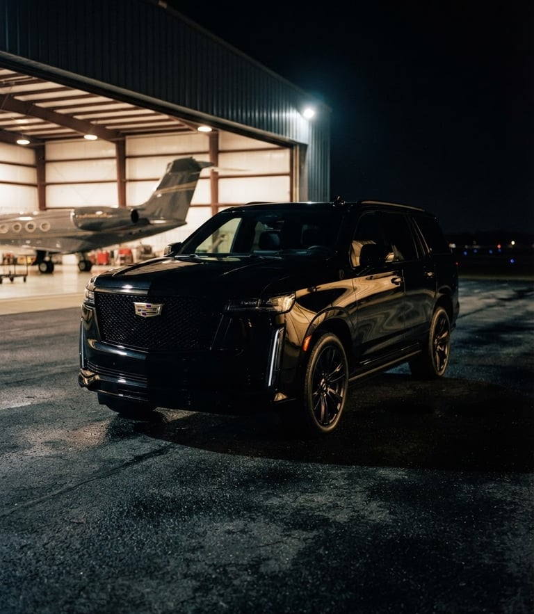 Low-angle heroic shot of a polished all-black 2026 Cadillac Escalade parked outside a private aviation hangar at night, gold reflections, shallow depth of field, 35mm
