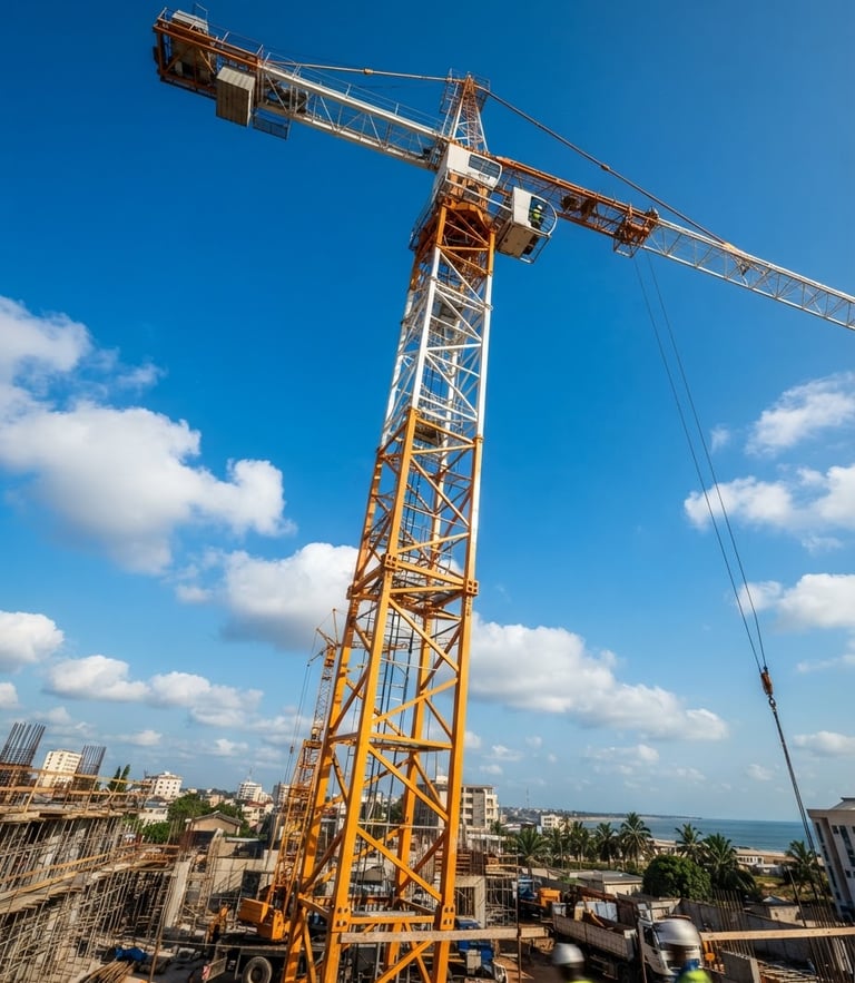 Vue en contre-plongée d'une grue de chantier moderne sur fond de ciel bleu à Lomé, lumière du matin éclatante.