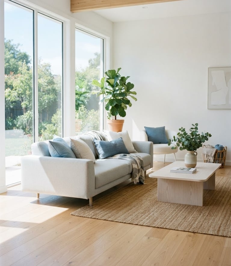 Bright sunlit living room with pristine hardwood floors, soft blue accent cushions, natural daylight streaming through large windows, minimalist modern aesthetic, 35mm photography