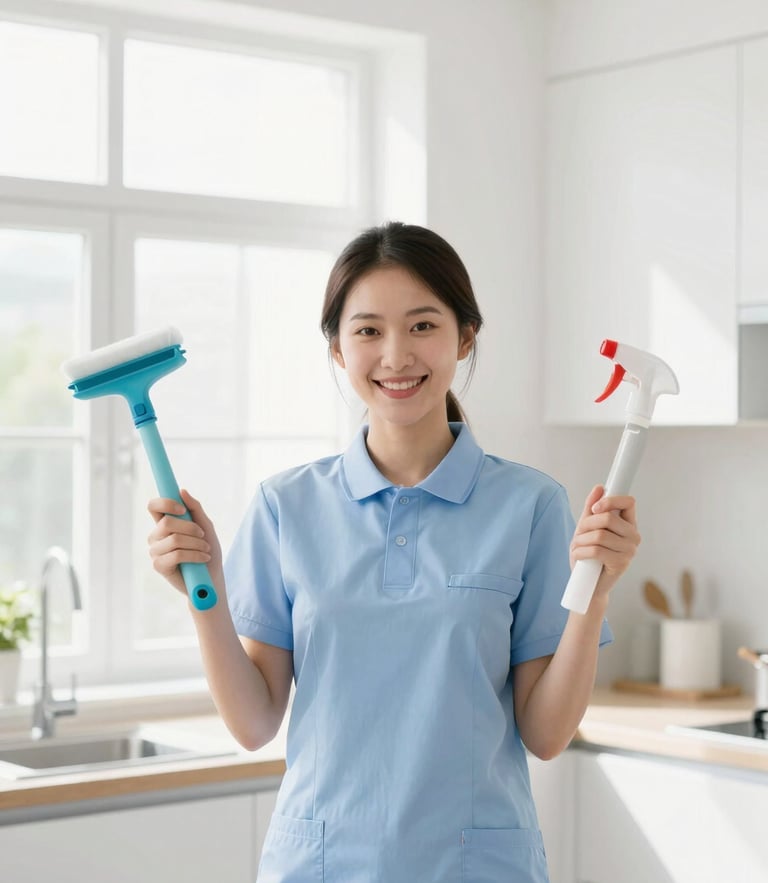 A professional cleaner in neat branded attire smiling in a bright, sunlit modern kitchen, holding high-quality cleaning tools, natural light, 35mm