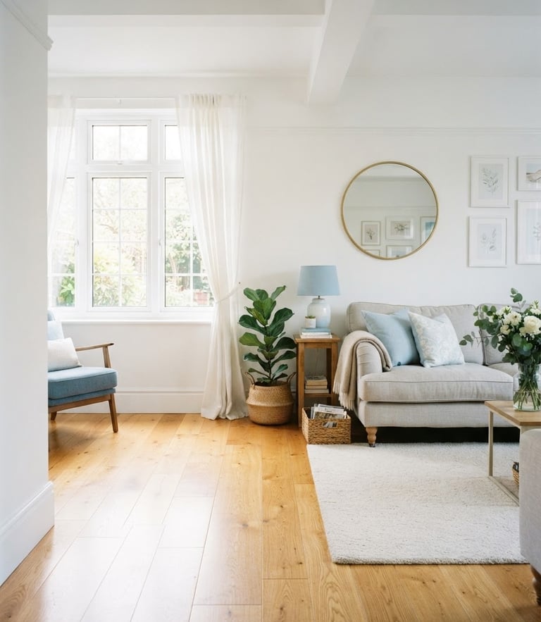 Sunlit immaculate home interior with polished wooden floors and soft sky blue accents, clean white walls, natural window light, 35mm