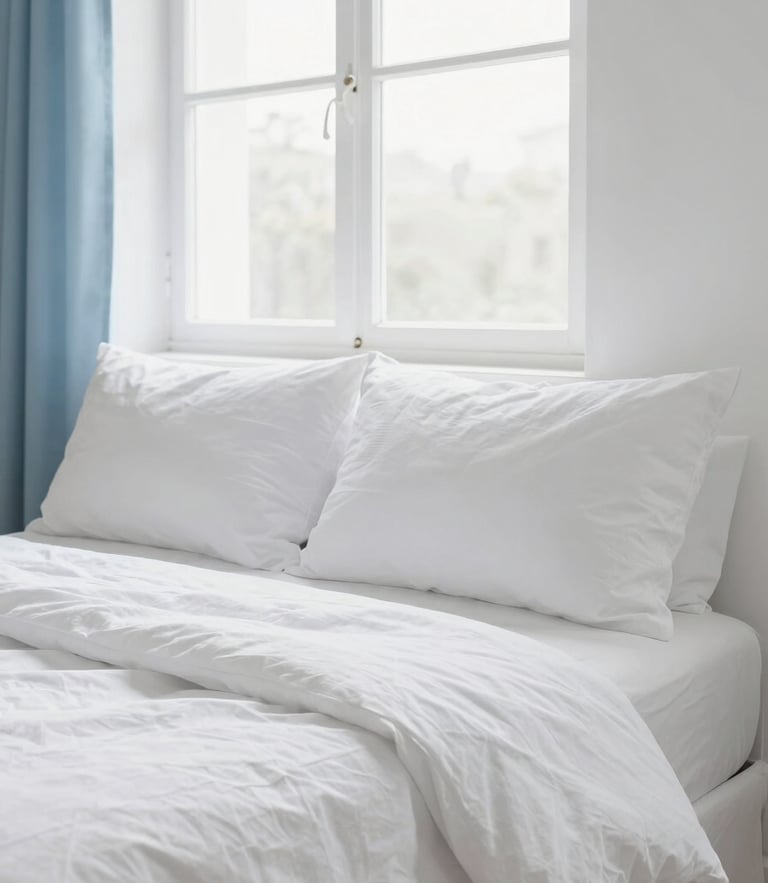 Bright high-key interior photography of a clean modern living room, soft natural window light, pristine white linen, 35mm