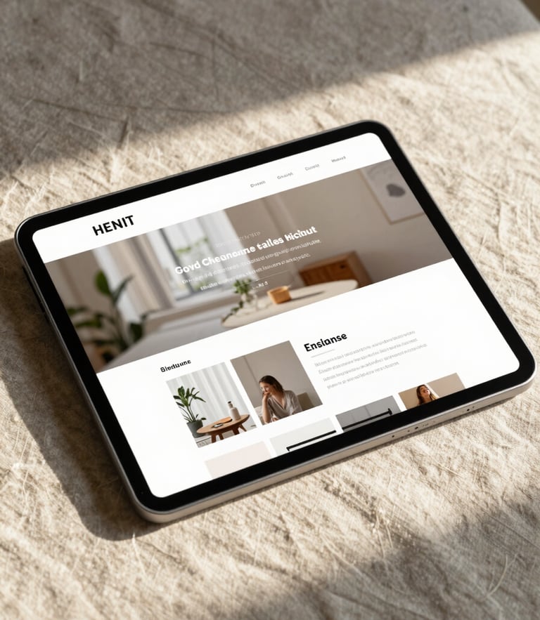 A clean, minimalist website layout displayed on a tablet resting on a warm linen tablecloth, soft morning shadows casting across the scene.