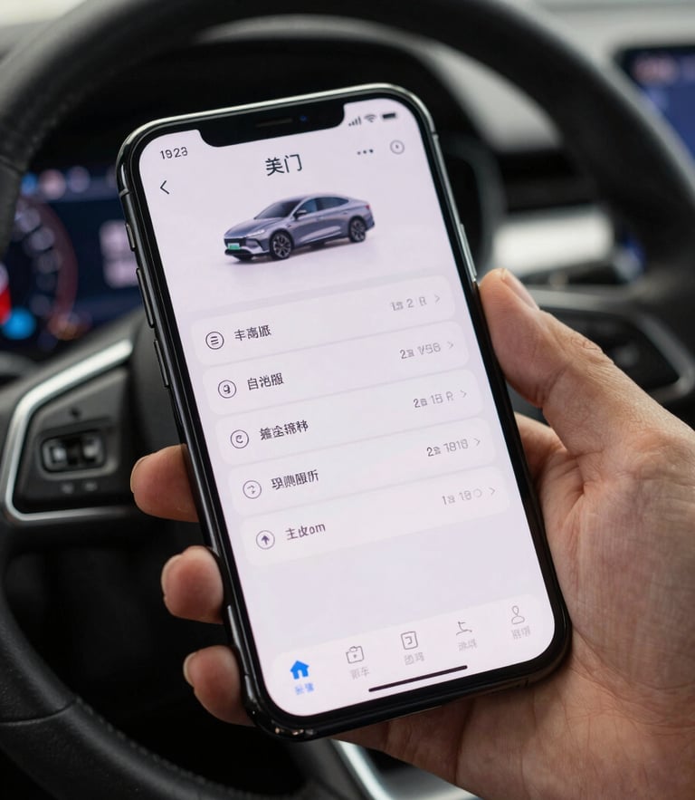 Tight macro shot of a modern smartphone displaying a clean vehicle inventory dashboard, held by a hand inside a dealership showroom, soft steering wheel blur in background, electric blue lighting