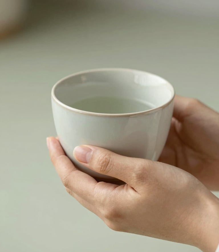 Serene close-up of hands holding a warm ceramic cup, soft diffused natural daylight, muted sage background, shallow depth of field, elegant 35mm