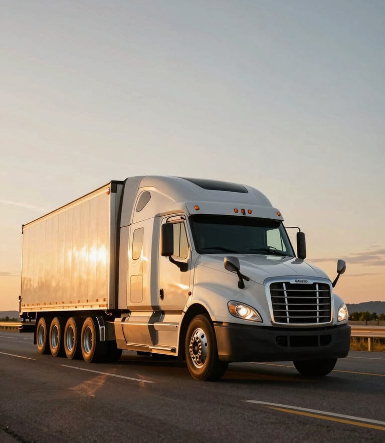 Low-angle hero shot of a modern Class 8 semi-truck on an open US highway at golden hour, dramatic side-lighting, rich saturated tones.