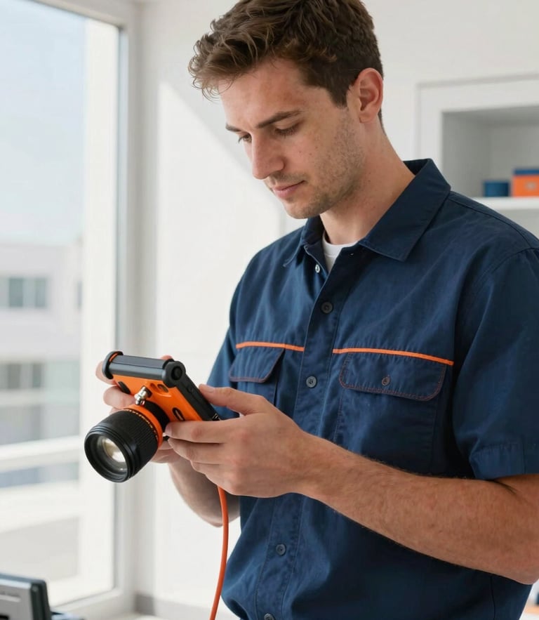 A professional uniformed Dubai plumber in a clean navy shirt holding technical leak detection equipment in a bright, modern utility room, crisp focus, 35mm lens.