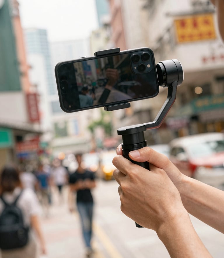 Portrait framing, bright natural HK daylight, a dynamic Dutch angle close-up of a creator holding a smartphone on a gimbal in a bustling Mong Kok street, vibrant warm tones, high energy.