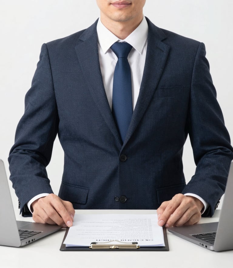 Soft-focus environmental portrait of a professional lawyer in a modern law office, bright diffused natural window light, deep navy accents, warm neutral tones, 35mm