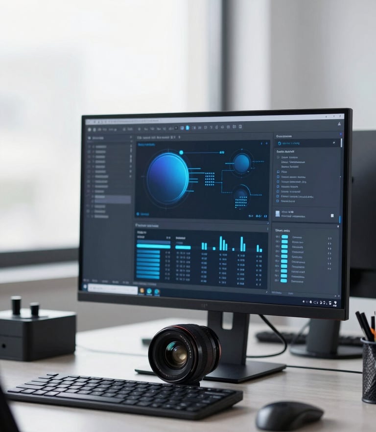 Crisp editorial photography of a high-contrast modern workspace with cool daylight and a subtle blue ambient tech glow, a high-end design interface visible on a monitor, 35mm lens.