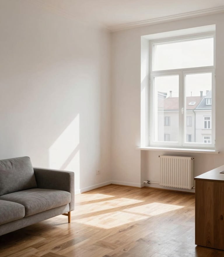 Bright modern Zagreb apartment interior, perfectly painted white walls, warm wooden floors, soft natural daylight streaming through a large window, minimal elegant furniture