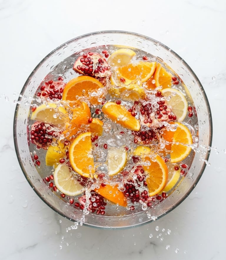 Overhead flat lay of vibrant freshly sliced oranges, lemons, and pomegranates splashing in crystal clear water, bright natural sunlight, condensation on glass, clean white background, 50mm lens
