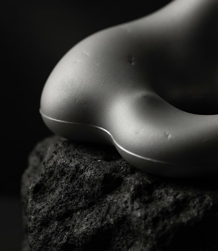 Extreme close-up of a smooth, matte platinum-silicone sculptural form resting on a raw dark stone plinth, dramatic low-key chiaroscuro lighting, deep shadows.
