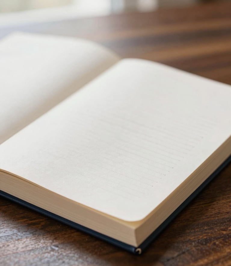 A close-up of a high-end printed journal resting on a dark wood table under soft morning light, shallow depth of field, 35mm