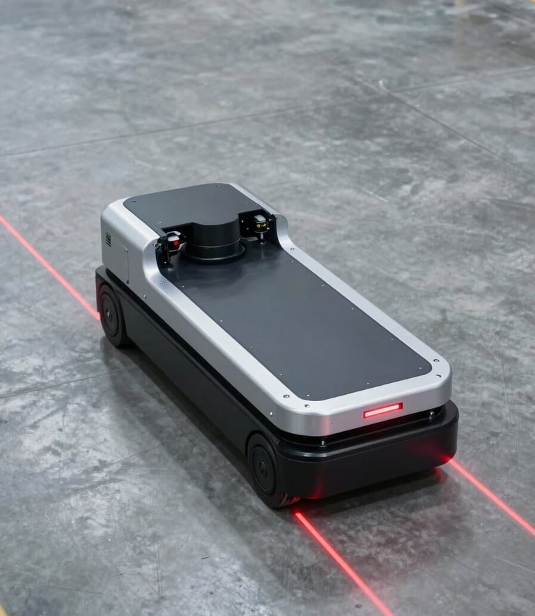 High-angle shot of an automated guided vehicle (AGV) navigating a clean concrete warehouse floor, cool silver lighting with sharp red laser guidance lines, technical industrial atmosphere.