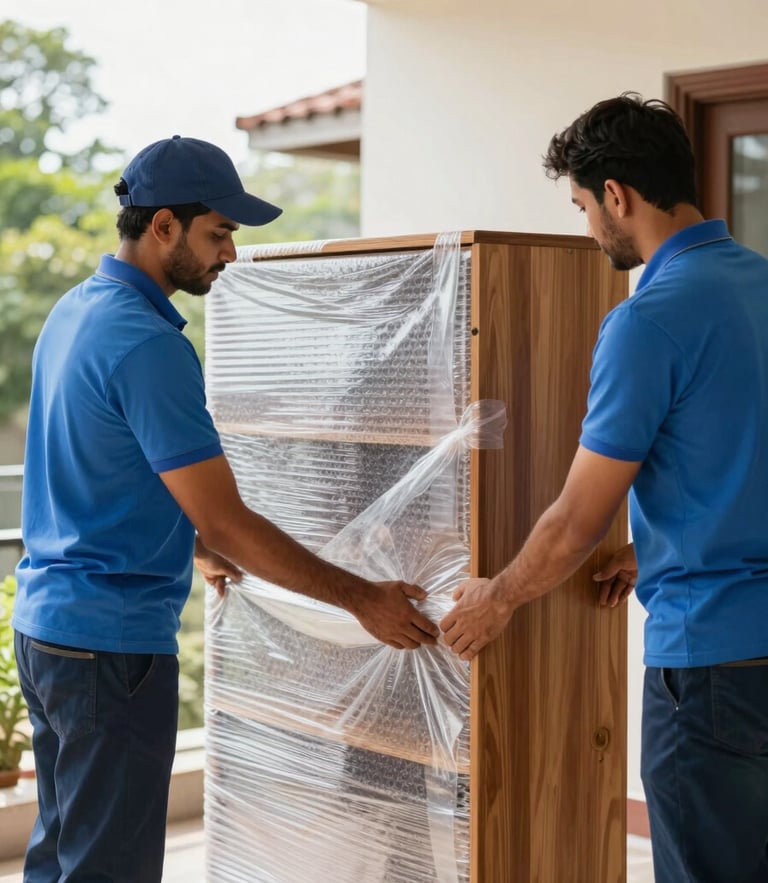 Bright natural daylight photography of professional movers in clean uniforms carefully wrapping a wooden cabinet with multi-layer bubble wrap inside a Mysuru home, sharp focus.