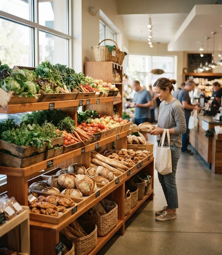 Bright warm interior of a clean neighborhood supermarket, wooden shelves stocked with fresh bread and local produce, soft morning light, 35mm photography