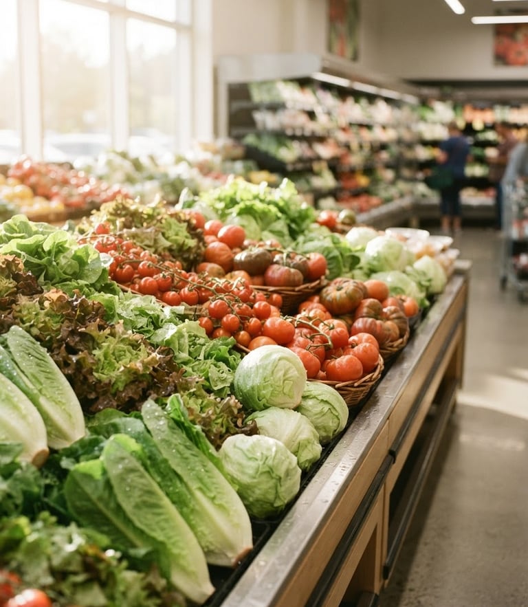 Bright natural morning light illuminating a beautifully arranged display of fresh green lettuce and red tomatoes in a clean supermarket aisle, 35mm photography