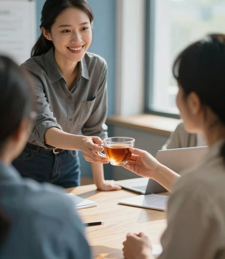A warm, sunlit modern meeting room where a supportive coordinator hands a cup of tea to a seated client, shallow depth of field, 35mm lens.
