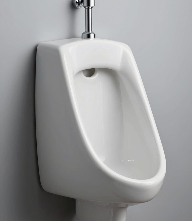 Orthographic side-profile studio shot of a wall-hung commercial urinal, cool even lighting, soft shadows, flawless white ceramic glaze against a clean neutral gray background.