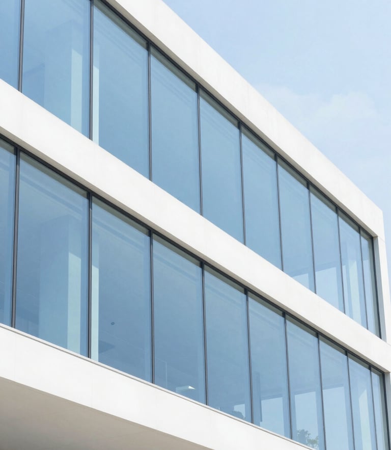 Bright architectural photography, high-key natural daylight, clean white and electric blue tones, sharp focus, 35mm lens showing a modern minimalist office with glass walls and clean structural lines.