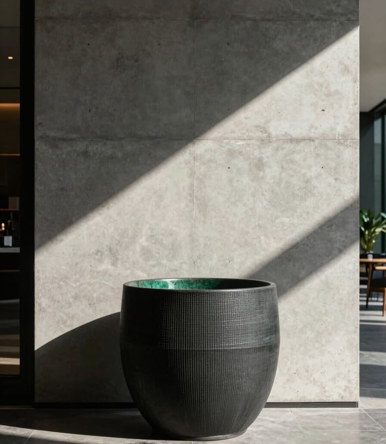 Wide-angle architectural shot of a monolithic charcoal fiber planter in a sunlit luxury hotel lobby, sharp shadows, minimalist concrete wall