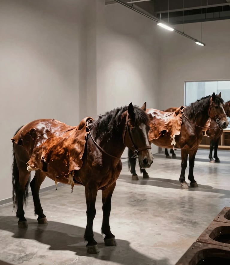 Wide environmental shot of a modern leather tannery, architectural clean-room floor, desaturated tones, dramatic spotlights casting long shadows over raw hides draped on dark wooden horses.