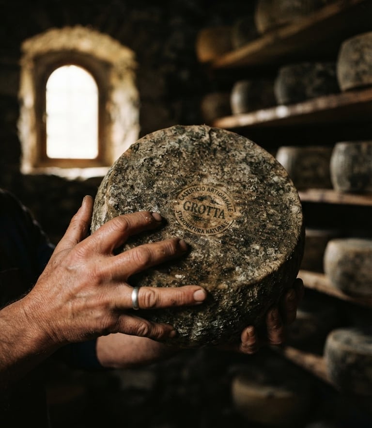 Close-up of hands holding a rustic wheel of cave-aged cheese in a dark, atmospheric Italian cellar, warm side window light, tactile textures, 35mm