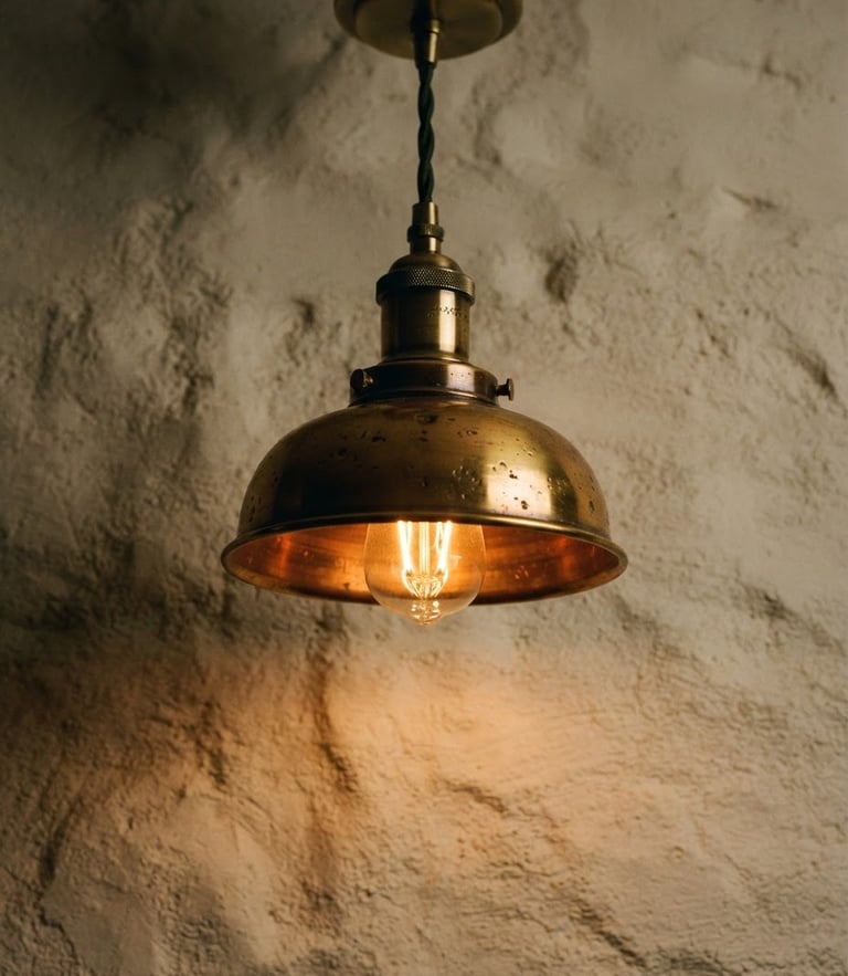 Close-up of a solid brass pendant lamp glowing with warm ambient light, casting soft shadows on a textured cream wall, editorial 35mm photography