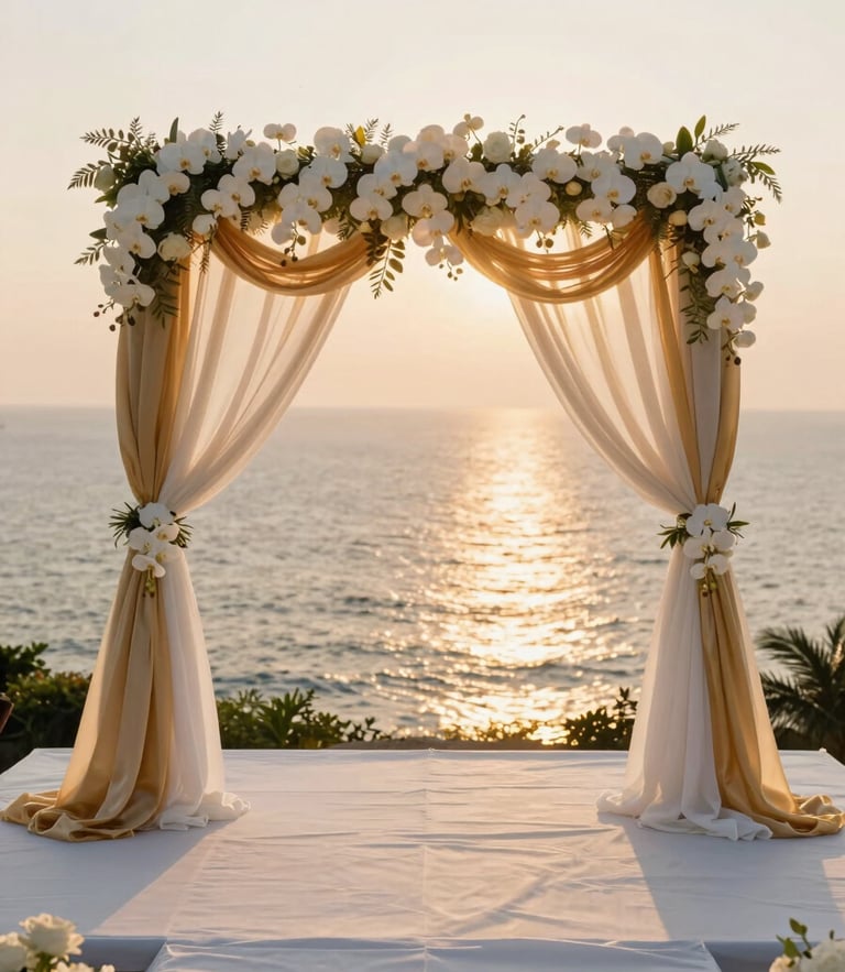 A wide cinematic shot of a luxury wedding altar on a cliffside in Nha Trang, decorated with white orchids and gold drapery, warm golden hour sunlight reflecting off the calm ocean, 35mm.